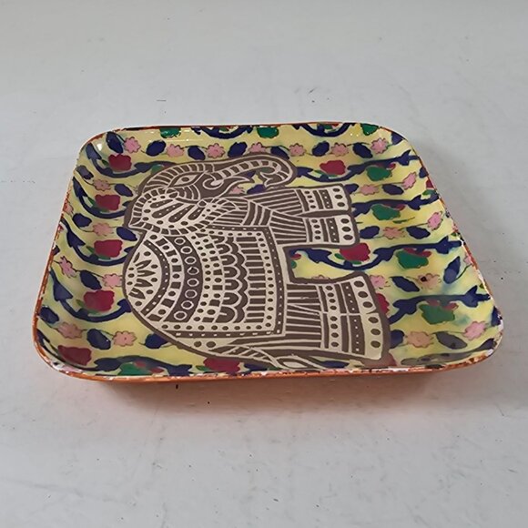 Hand-Painted Square Metal Trinket Dish With Elephant Design & Floral Pattern - Picture 6 of 9